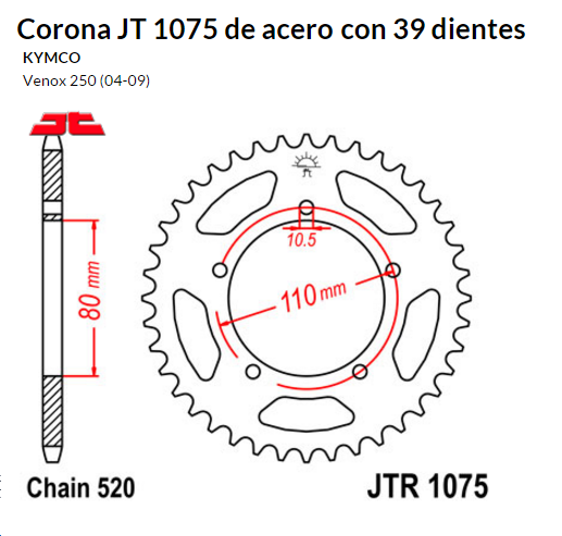 CORONA JT 1075 de acero con 39 dientes