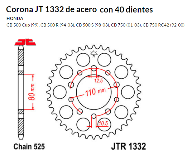 CORONA JT 1332 de acero con 44 dientes