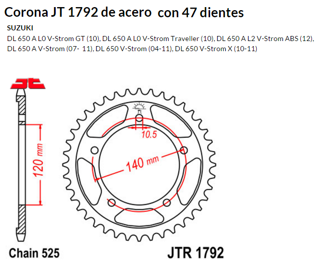 CORONA JT 1792 de acero con 47 dientes