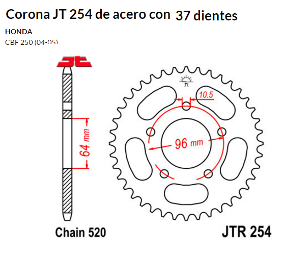 CORONA JT 254 de acero con 37 dientes