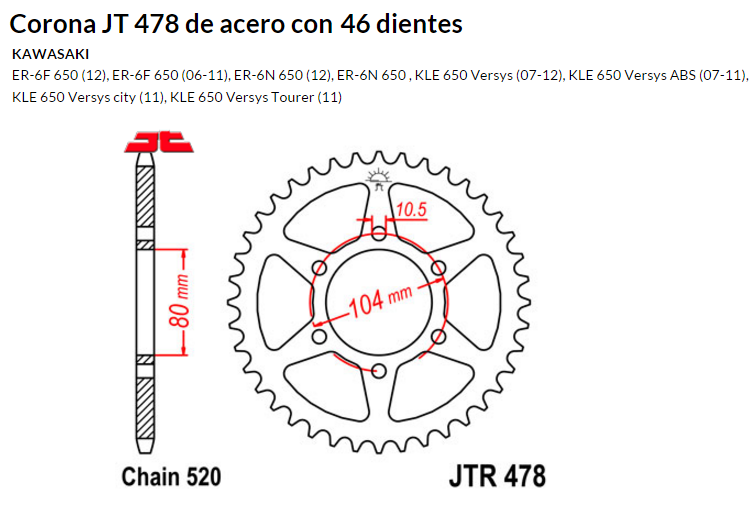 CORONA JT 478 de acero con 46 dientes
