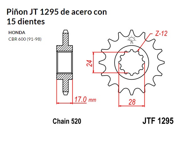 PION JT 1295 de acero con 15 dientes