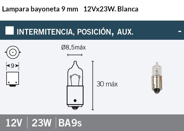 LAMPARA MOTO V PARTS 12V 23W BA9S BAYONETA