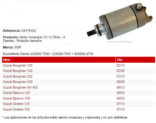 MOTOR ARRANQUE SGR SUZUKI BURGMAN 125