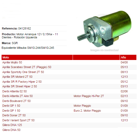 MOTOR ARRANQUE SGR PIAGGIO-GILERA 12V 0,25KW