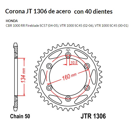 CORONA JT 1306 de acero con 40 dientes