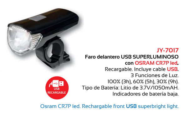 FARO BICICLETA TKX JY7017 DELANTERO USB OSRAM CR7P LED